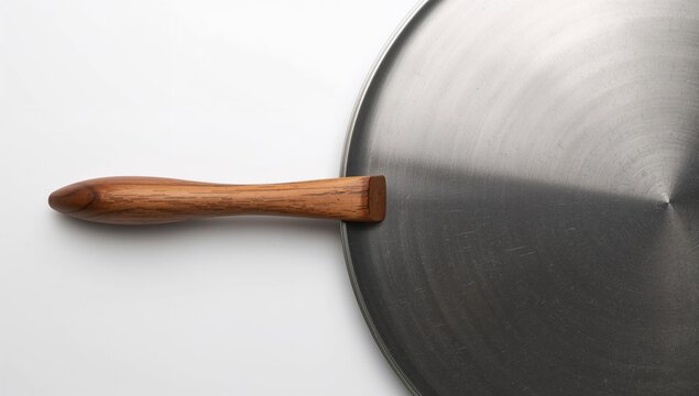 Homemade wooden handle attached to a flat metallic pancake pan on a white background, efficient cooking tool