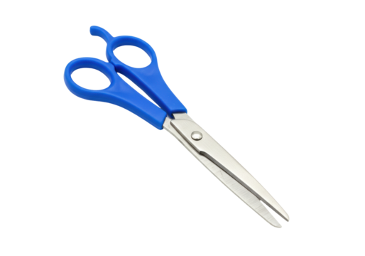 Isolated blue handle scissors, professional hair stylist tool for cutting hair at salon