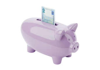 Isolated lavender piggy bank with ten Euro note to save money and for financial security