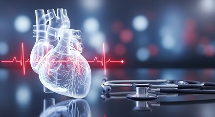 Anatomical heart model with stethoscope and ekg tracing, symbolizing cardiology, healthcare, and medical technology for heart health and diagnosis