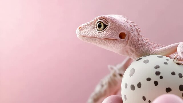 Cute baby dinosaur hatching from a speckled egg, soft lighting,