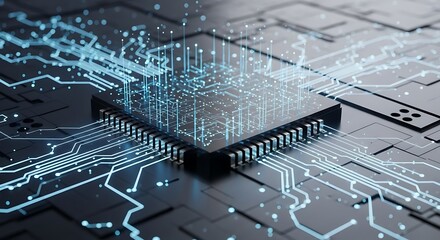 Closeup of a computer chip with intricate circuit patterns, representing technology, computing, and electronic engineering in a digital age