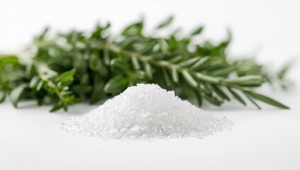 Rock salt with herbs on a white background, beneficial seasoning choice