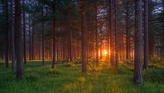 Spruce Tree Forest, Sunlight filtering through tree trunks creating elongated shadows at dusk, seasonal change