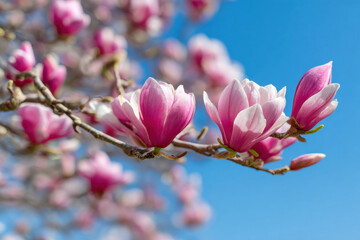 Obraz premium Pink magnolia blossoms blooming on tree in spring garden