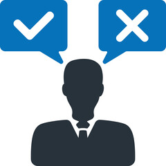 Silhouette Businessman Deciding Between Yes And No With Checkmark And Cross Symbols Over Blue Speech Bubbles Transparent Background