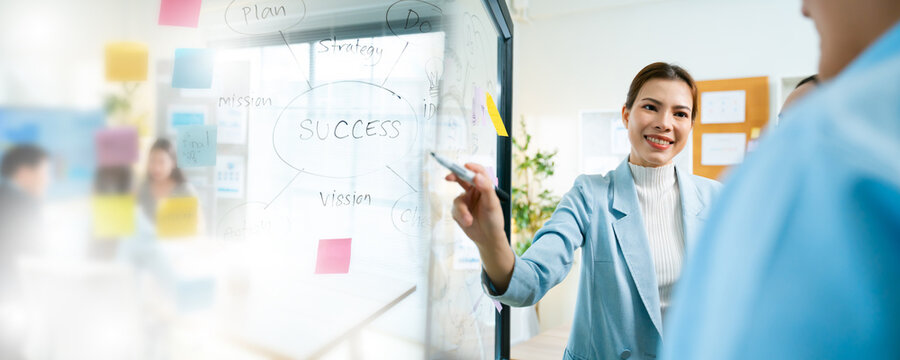 Group of young asian creative business brain storm meeting presentation,discussing roadmap to product launch, planning,strategy,new business development,working with new startup project in office. 