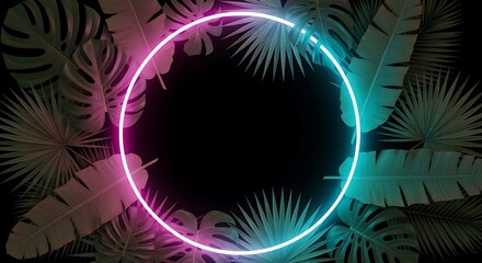 A vibrant neon circle surrounded by lush tropical leaves, creating a captivating contrast between nature and technology, with a dark background