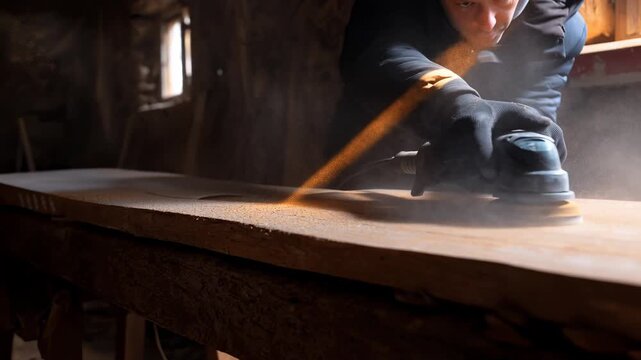 A skilled artisan works diligently on a wooden plank with a sander in a well-lit workshop. Dust particles fly as the sander glides over the surface, revealing a refined finish.