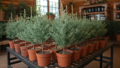 Fototapeta premium Potted evergreen tree seedlings available for purchase, suitable for landscaping