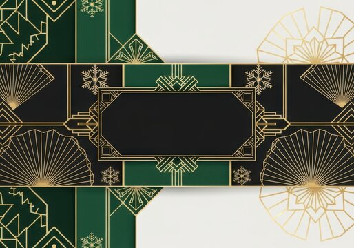 Art deco geometric pattern with gold lines on a dark green and cream background, featuring fan shapes and snowflakes, suitable for invitations