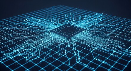 Detailed view of a futuristic circuit board with glowing lines, representing advanced technology, data processing, and the complexity of modern electronics
