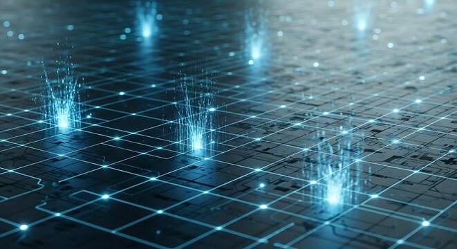 Abstract digital network with glowing nodes and connections, representing data flow, connectivity, and the intricate structure of modern technology