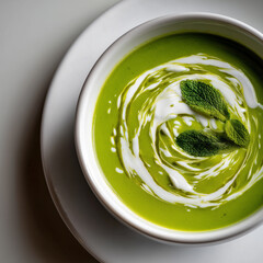 Green pea cream soup with mint leaves and swirl of cream in white bowl, healthy vegetarian lunch, gourmet food photography