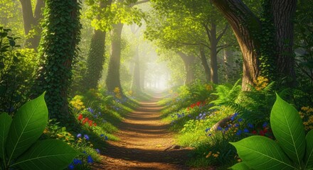 Enchanted forest path bathed in golden sunlight