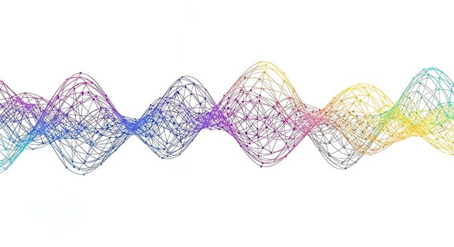 An abstract representation of a sound wave with vibrant colors, , symbolizing audio technology and digital signal processing