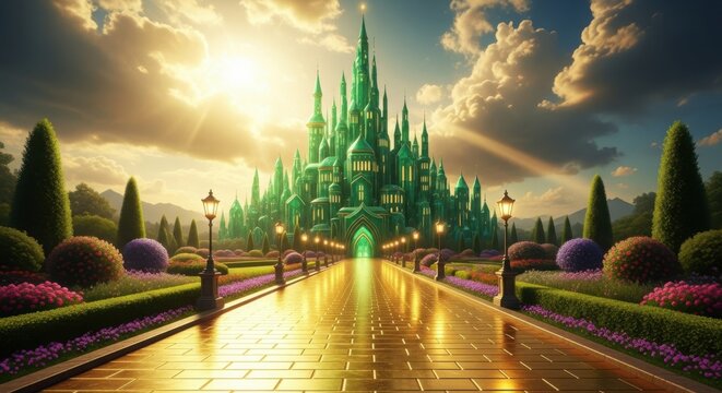 The emerald city of oz bathed in golden sunlight