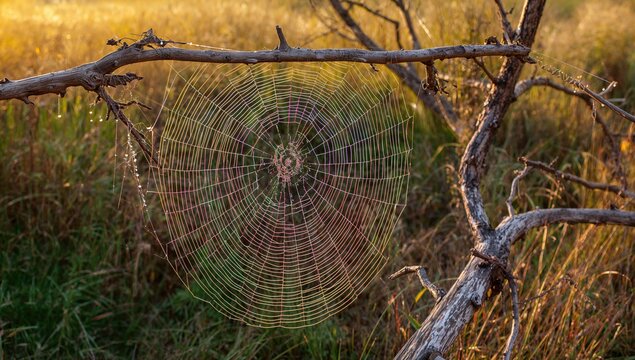 Large spider web intricately woven among tree branches, showcasing natural artistry and seasonal change