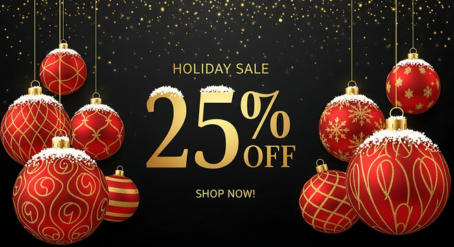 Holiday sale with 25% off, featuring red christmas balls with golden glitter on a dark background, ideal for seasonal promotions and attracting customers with festive offers