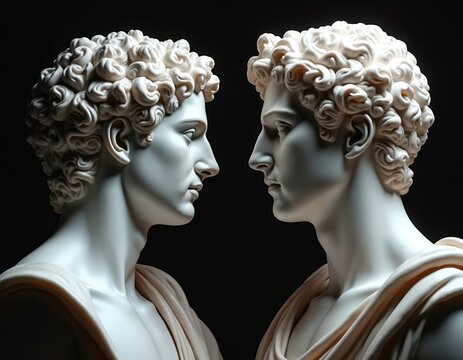Two classical marble busts face in profile. Sculpted male heads with curly hair, draped shoulders lit dramatically against dark background. Figures represent ancient Greek art, heritage.