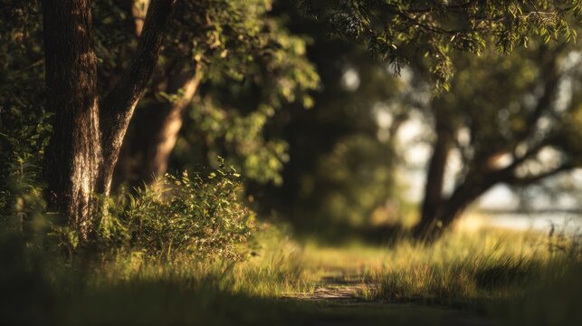 Enchanting Forest Pathway with Warm Sunlight and Soft Bokeh Effect
