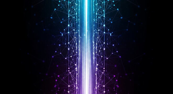An abstract representation of data streams with glowing blue and purple lines, symbolizing connectivity, digital information, and technological advancement