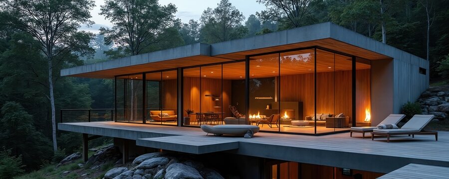 Modern luxury cabin nestled in forest with large glass walls, deck. Inside fireplace glows, furniture arranged for comfort, views. Outdoor lounge chairs invite relaxation, blending nature,