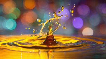 a droplet of golden liquid creating a dramatic splash and ripples, surrounded by colorful bokeh reflections, high speed photography, glowing