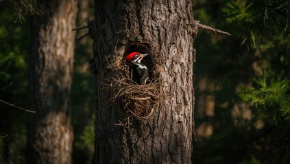 Piliated woodpecker perched on a tree branch, showcasing its distinctive features and habitat