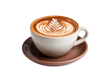 Latte art leaf in white cup with tan saucer against black void