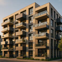 Fototapeta premium Modern apartment building with balconies in warm evening light