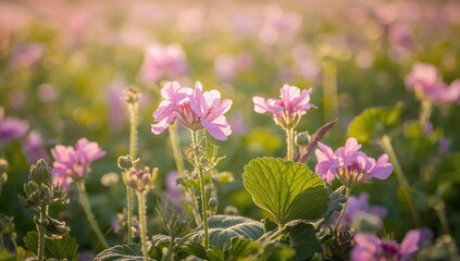 Obraz premium Field of Geranium Rozanne flowers illuminated by early summer sunlight, vibrant floral display, seasonal change