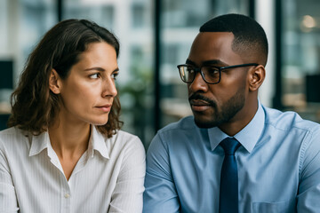Focused business discussion between young professionals in modern office