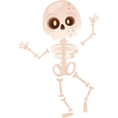 Cute cartoon skeleton character with tan bones and glowing yellow eyes dancing with arms outstretched on a transparent background