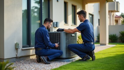 Two men in blue uniforms inspect an air conditioner unit outside a modern house. One worker holds a tool near the grate while the other observes. They work together on home cooling system.