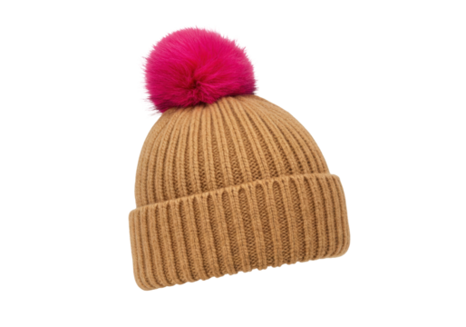 Isolated stylish knit winter hat with pink pompom for women or kids, headwear, beanie cap