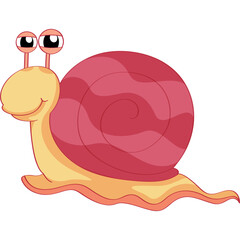 Cute cartoon snail with pink shell and yellow body moving slowly on transparent background playful character design for children