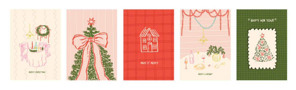 Christmas whimsical greeting card set. Whimsy poster template with Christmas tree with bow, dinner table and cute house. Ribbon garland border greeting card design