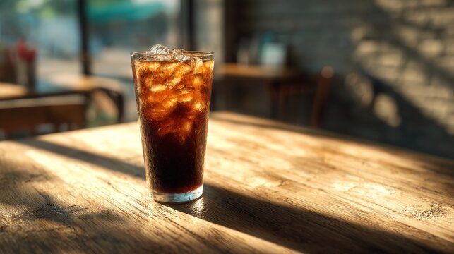 Refreshing iced coffee on a rustic wooden table illuminated by golden sunlight