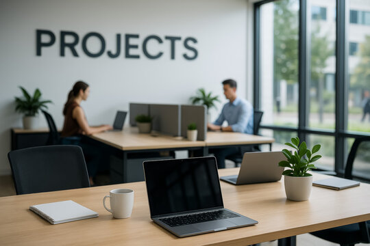 Modern office workspace with colleagues collaborating on projects