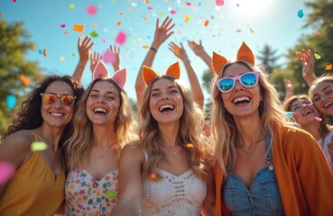 Happy young women friends celebrate outdoors. Girls wear festive accessories, smile, laugh together under falling confetti. Enjoy fun summer party event with raised hands, sunglasses at vibrant