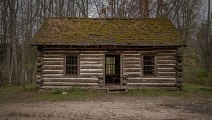 Obraz premium Abandoned log cabin in decay, erosion risk