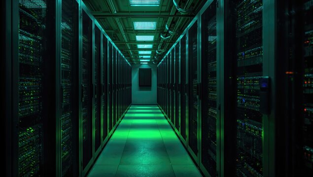 Rows of servers in a data center illuminated by green ambient light, focusing on cybersecurity and network infrastructure