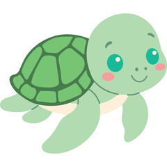Cute Cartoon Sea Turtle With A Green Shell Teal Eyes And Pink Cheeks On Transparent Background