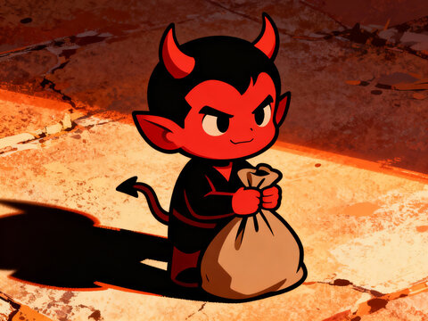 Mischievous Little red devil holding a bag of coal. Czech tradition of Mikulas. Style of a fairy tale collection, seasonal marketing.