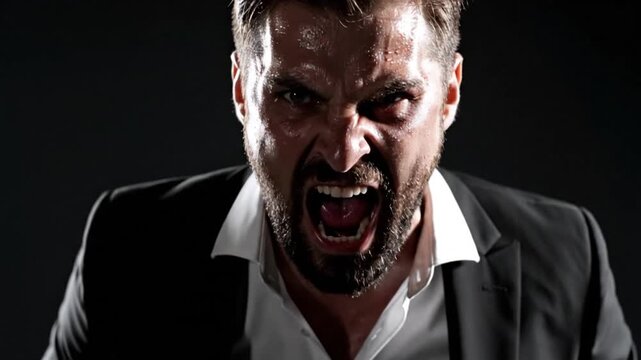 Furious businessman shouting in intense anger, sweating and determined to succeed, embodying raw power and unyielding drive in the face of adversity