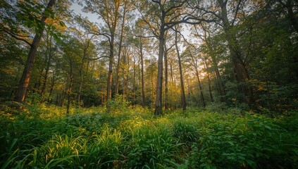 Obraz premium Lush forest abundant with towering trees and diverse foliage, showcasing seasonal change