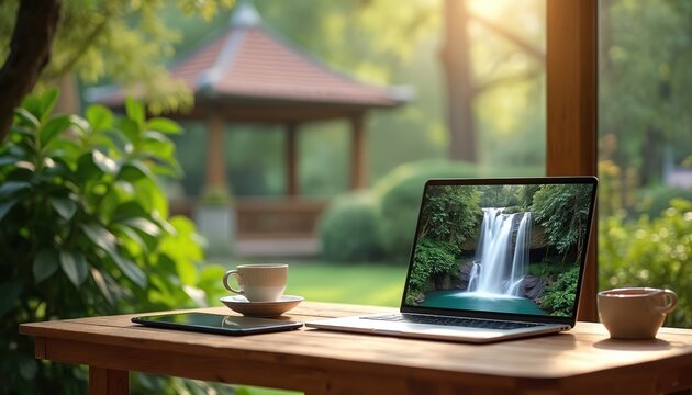 Modern laptop on wood table with hot coffee in beautiful green garden. Tablet rests near computer. Screen displays stunning waterfall image. Gazebo, trees in soft focus background. Ideal remote work