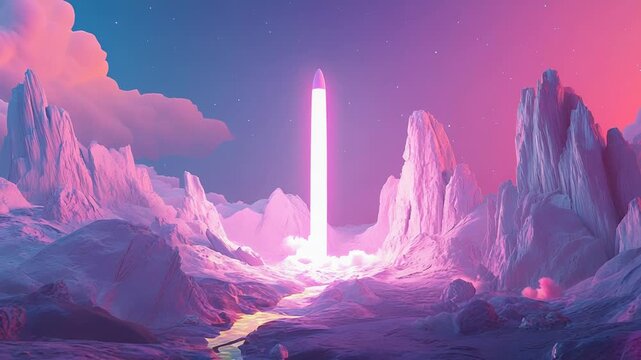 Neon rocket launching from alien planet landscape