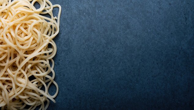 Top view of uncooked noodles on a dark blue backdrop, suitable for culinary presentations